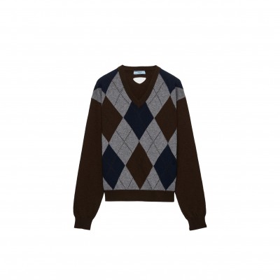 PRADA CASHMERE V-NECK ARGYLE SWEATER 269524